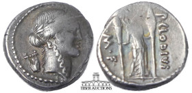 P. Clodius M.f. Turrinus. 42 BC. AR Denarius. Rome mint. Laureate head of Apollo right; lyre to left / Diana Lucifera standing right, bow and quiver o...