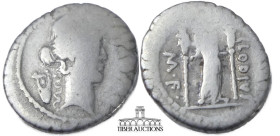 P. Clodius M.f. Turrinus. 42 BC. AR Denarius. Rome mint. Laureate head of Apollo right; lyre to left / Diana Lucifera standing right, bow and quiver o...