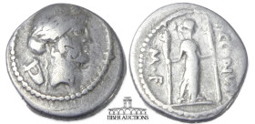 P. Clodius M.f. Turrinus. 42 BC. AR Denarius. Rome mint. Laureate head of Apollo right; lyre to left / Diana Lucifera standing right, bow and quiver o...