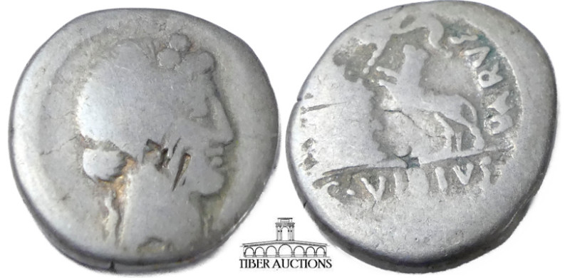 C. Vibius Varus. 42 BC. AR Denarius. Rome mint. Head of Bacchus right, wearing w...