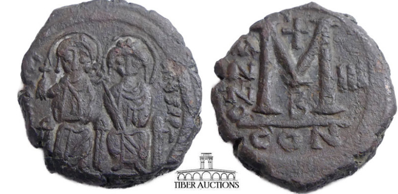 Justin II, with Sophia. 565-578. Æ Follis. Constantinople mint, 2nd officina. Da...