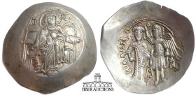 Isaac II Angelus. First reign, 1185-1195. EL Aspron Trachy. Constantinople mint. The Theotokos enthroned facing, holding head of the Holy Infant on la...