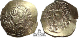 Andronicus II Palaeologus, with Michael IX. 1282-1328. Hyperpyron (Electrum), Constantinople, 1294-1320. Bust of Virgin Mary, orans, within city walls...