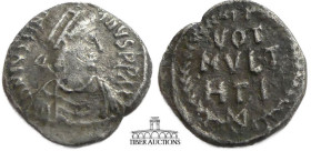 Justinian I. 527-565. AR Half Siliqua. Carthage mint. Struck 533/4-537. Diademed, draped, and cuirassed bust right / VOT/ MVLT/ HTI in three lines wit...