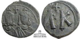 Leo V the Armenian, with Constantine. 813-820. Æ Follis. Syracuse mint. Struck 817-820. Crowned half-length busts of Leo and Constantine facing, each ...