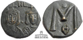 Michael II the Amorian, with Theophilus. 820-829. Æ Follis. Syracuse mint. Struck 821-829. Crowned facing busts of Michael, wearing chlamys, and Theop...