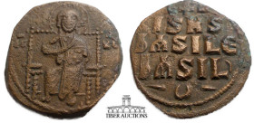 Class D Anonymous Æ Follis attributed to Constantine IX. AD 1042-1055. IC - XC. Christ Pantokrator seated facing on throne / IS XS / ЬASILЄ / ЬASIL. D...