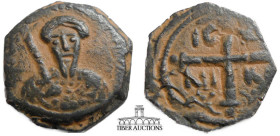 Antioch. Tancred. Regent, 1101-03, 1104-12. Æ Follis. Second type. Bust of Tancred facing, wearing turban, holding sword / Cross pommetée, fleuronnée ...