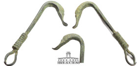 Roman. Bronze Duck head hook. 1st - 5th century AD. An unusual and well crafted hook. 85 mm x 32 mm, 19.60 g.