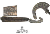 Byzantine. Bronze and Silver Box Clasp. Bronze with silver inlay. Spaces for what was at one time more inlay on the curved clasp end. The work of a ma...