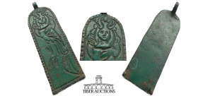 Unknown origin. Bronze box clasp engraved with Phoenix? Circa 17th - 19th century AD. 60 mm x 20 mm, 13.56 g.