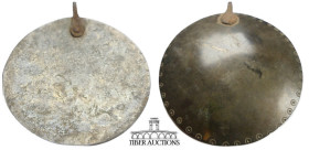 Unknown origin, attributed in collection as Heptalite-Shahi. Concave bronze mirror with iron loop. 74 mm, 32.62 g.