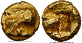 IONIA. Uncertain mint. Ca. 625-550 BC. EL 1/24 stater or myshemihecte (7mm, 0.65 gm). NGC Choice VF 4/5 - 4/5. Raised tetraskelion pattern / Incuse te...