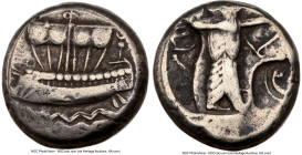 PHOENICIA. Sidon. Ca. 435-425 BC. AR half-shekel (16mm, 6.87 gm, 11h). NGC Choice Fine 3/5 - 3/5. Galley under mast left, partially unfurled sail; wav...