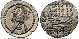 PARTHIAN KINGDOM. Vologases VI (AD 207-222). AR drachm (21mm, 3.81 gm, 12h). NGC Choice AU 5/5 - 4/5. Ecbatana. Diademed bust of Vologases VI left, we...