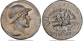 BACTRIAN KINGDOM. Eucratides I the Great (ca. 170-145 BC). AR tetradrachm (32mm, 17.02 gm, 11h). NGC AU 5/5 - 3/5. Attic standard. Uncertain mint in t...