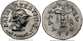 INDO-GREEK KINGDOMS. Bactria. Menander I Soter (ca. 165/55-130 BC). AR Indic tetradrachm (26mm, 9.30 gm, 1h). NGC XF 5/5 - 3/5. Indian standard. Uncer...