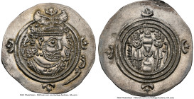 SASANIAN KINGDOM. Khusru (Husrav) II (AD 591-628). AR drachm (32mm, 4.16 gm, 3h). NGC Choice AU 5/5 - 4/5. GD (Gay) mint. Draped bust of Khusru II rig...