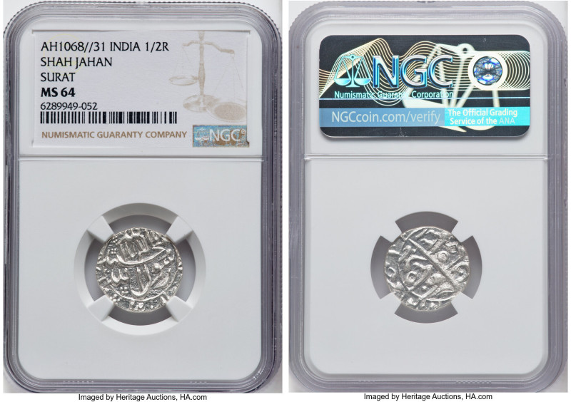 Mughal Empire. Shah Jahan silver 1/2 Rupee AH 1068 Year 31 (1657/1658) MS64 NGC,...