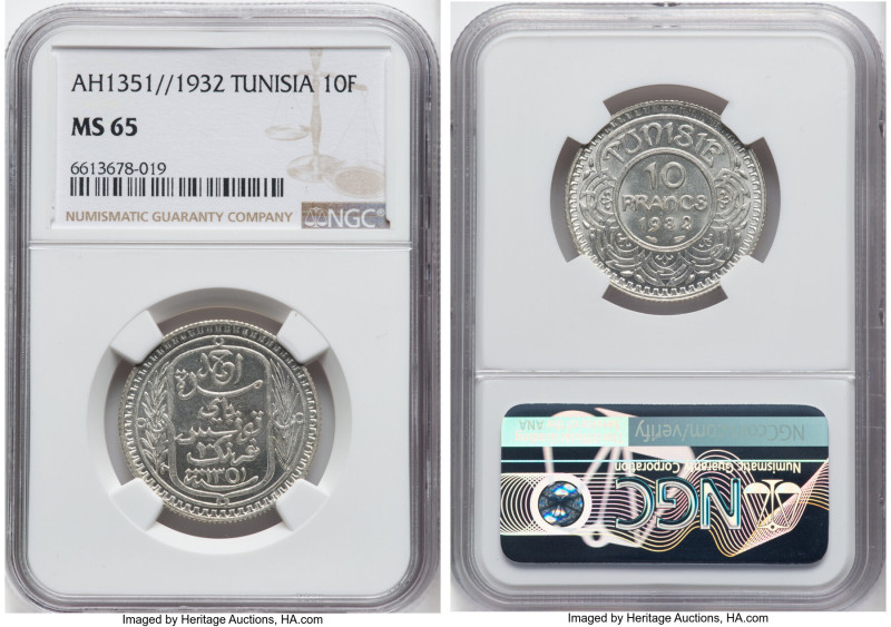 Ahmad II 10 Francs AH 1351 (1932) MS65 NGC, Paris mint, KM255. A flashy Gem with...