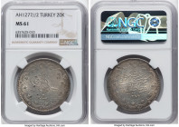 Abdul Aziz 20 Kurush AH 1277 Year 2 (1861/1862) MS61 NGC, Qustantiniyah mint, KM693. Only 9 examples of the type have been certified by NGC. HID098012...