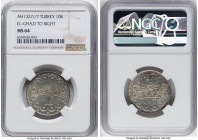 Muhammad V 10 Kurush AH 1327 Year 7 (1915/1916) MS64 NGC, Qustantiniyah mint, KM772. El-Ghazi to right variety. Near the very peak of the certified NG...