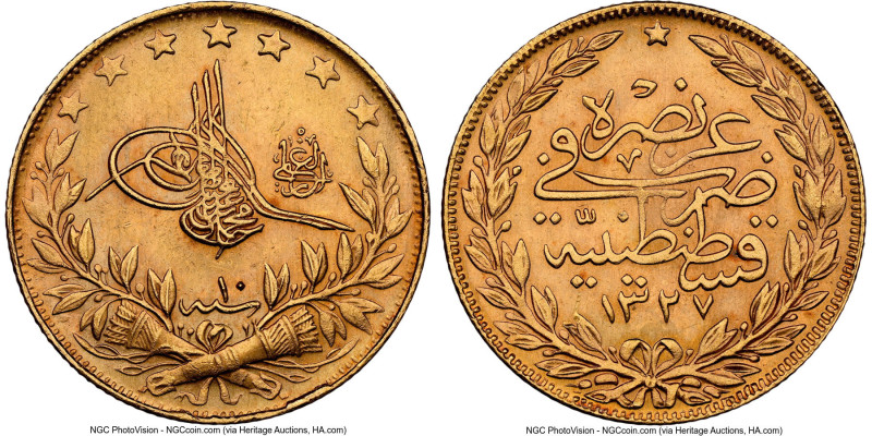 Muhammad V gold 100 Kurush AH 1327 Year 10 (1917/1918) MS63 NGC, Qustantiniyah m...