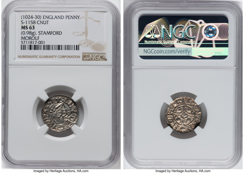 Kings of All England. Cnut (1016-1035) Penny ND (1024-1030) MS63 NGC, Stamford m...