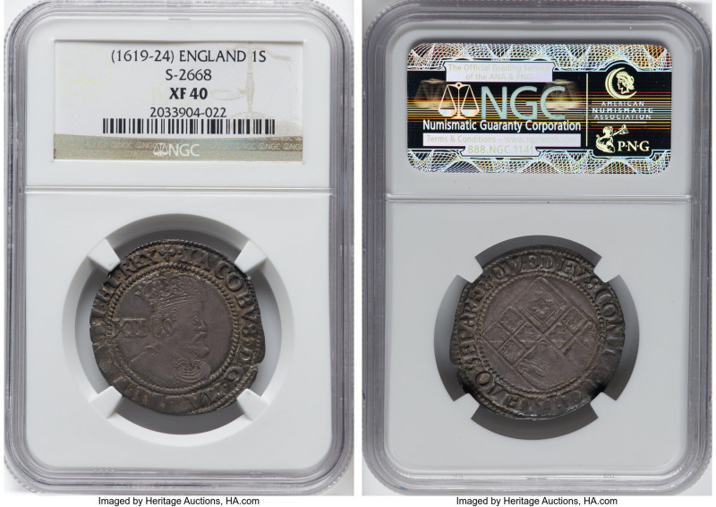 James I Shilling (1619-1624) XF40 NGC, Tower mint, S-2668. HID09801242017 © 2024...