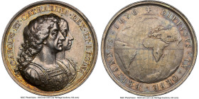 Charles II silver "British Colonization" Medal 1670 AU55 NGC, Eimer-245, MI-546-203. 41mm. By J. Roettier. CAROLVS ET CATHARINA REX ET REGINA Their co...