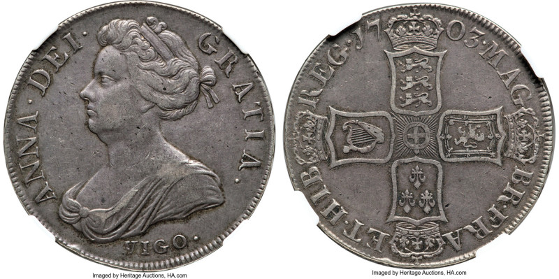 Anne "Vigo" Crown 1703 AU50 NGC, KM519.1, S-3576. An essential Pre-Union type, b...