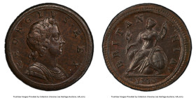 George I 1/2 Penny 1720 MS64 Brown PCGS, KM556, S-3660. A glossy coin with deep mahogany surfaces. Locating the same type in a similar or better condi...