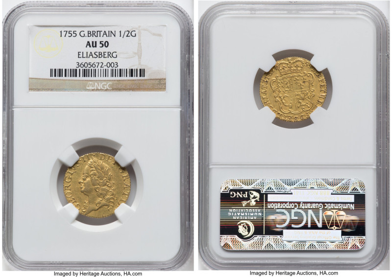 George II gold 1/2 Guinea 1755 AU50 NGC, KM587, S-3685, Fr-349. A minor scuff ma...