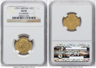 George II gold 1/2 Guinea 1755 AU50 NGC, KM587, S-3685, Fr-349. A minor scuff mars the reverse on this otherwise attractive "old head" type. From the ...