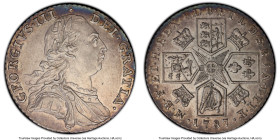 George III Shilling 1787 AU55 PCGS, KM607.2, S-3746, ESC-1225. Semée with hearts variety. Boldly struck and just a rub away from the Mint State design...