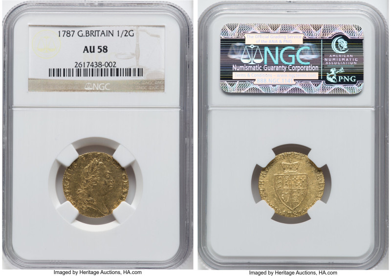 George III gold 1/2 Guinea 1787 AU58 NGC, KM608, S-3735, Fr-362. 5th bust. A lov...