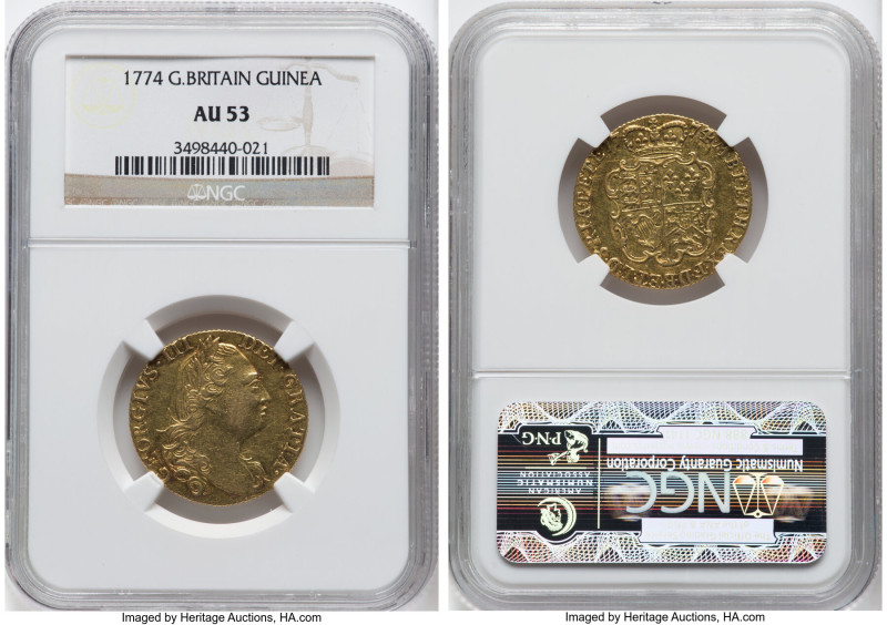 George III gold Guinea 1774 AU53 NGC, KM604, S-3728, Fr-355. 4th bust, larger. H...