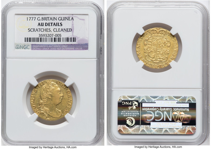 George III gold Guinea 1777 AU Details (Scratches, Cleaned) NGC, KM604, S-3728. ...