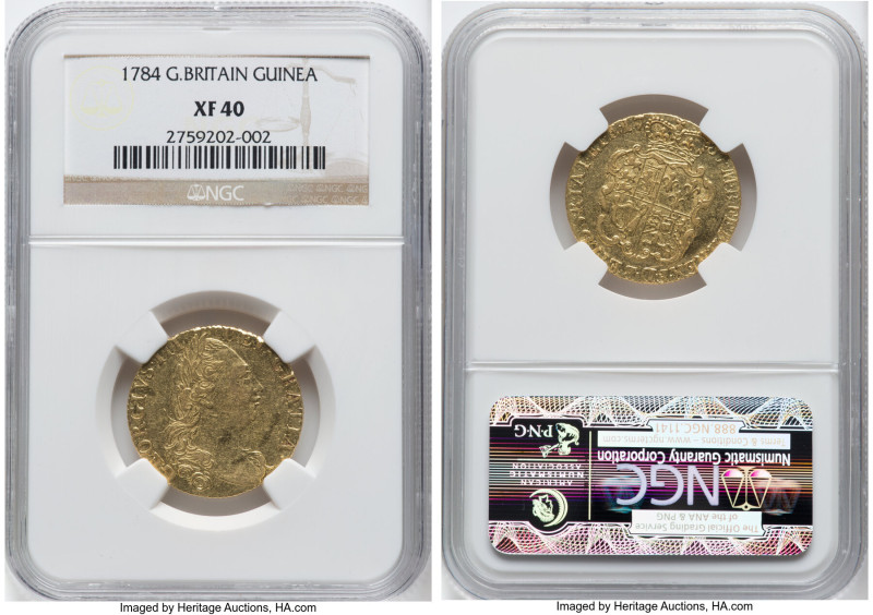 George III gold Guinea 1784 XF40 NGC, KM604, S-3728, Fr-355. 4th bust, larger. D...