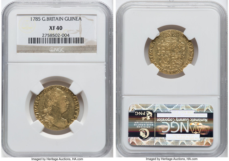 George III gold Guinea 1785 XF40 NGC, KM604, S-3728, Fr-355. 4th bust, larger. P...