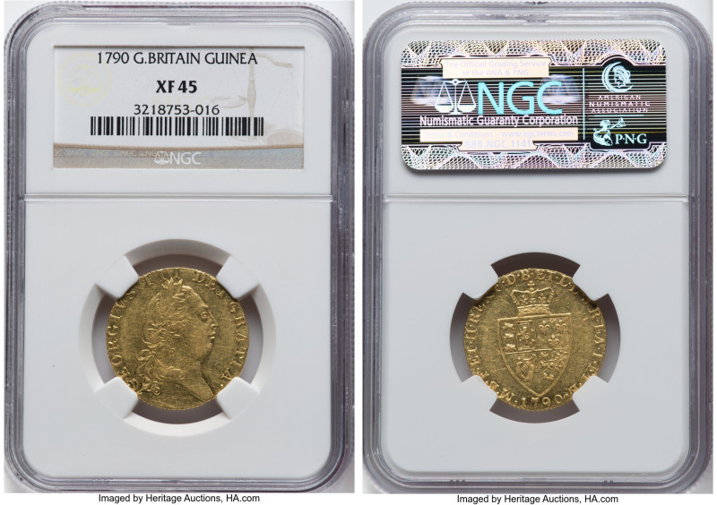 George III gold Guinea 1790 XF45 NGC, KM609, S-3729, Fr-356. 5th bust, smaller. ...