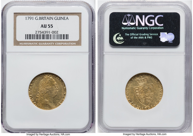 George III gold Guinea 1791 AU55 NGC, KM609, S-3729, Fr-356. 5th bust, smaller. ...