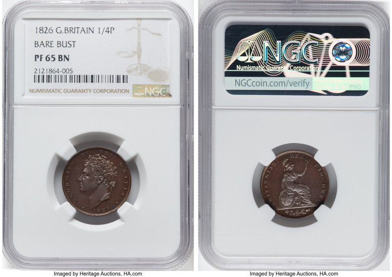 George IV Proof Farthing 1826 PR65 Brown NGC, KM697a, S-3825. Bare bust. A probl...