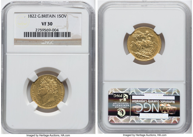 George IV gold Sovereign 1822 VF30 NGC, KM682, S-3800, Fr-376. Some erosion of t...