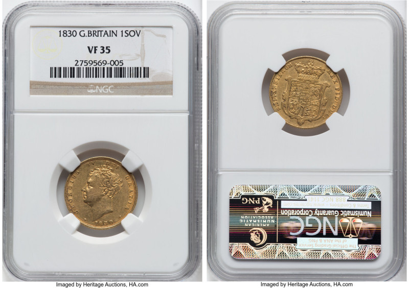 George IV gold Sovereign 1830 VF35 NGC, KM696, S-3801, Fr-377. Evidence of wear,...