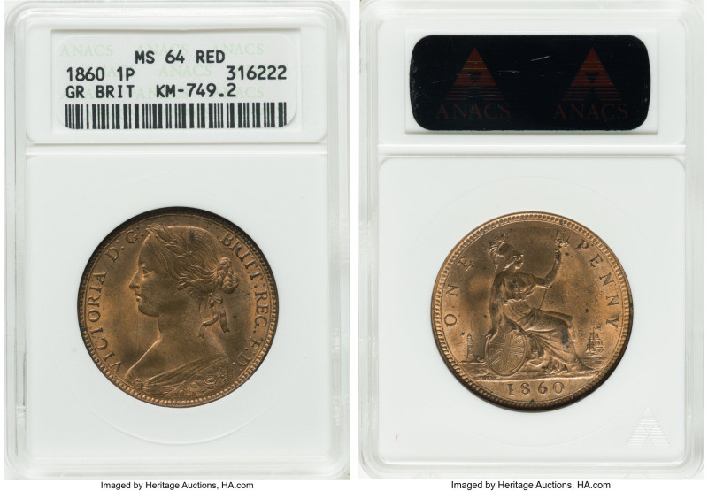 Victoria Penny 1860 MS64 Red ANACS, Royal mint, KM749.2, S-3954. 2nd portrait, 1...