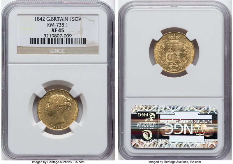 Victoria gold Sovereign 1842 XF45 NGC, KM735.1, S-3852, Fr-387e. Closed 2 type. ...