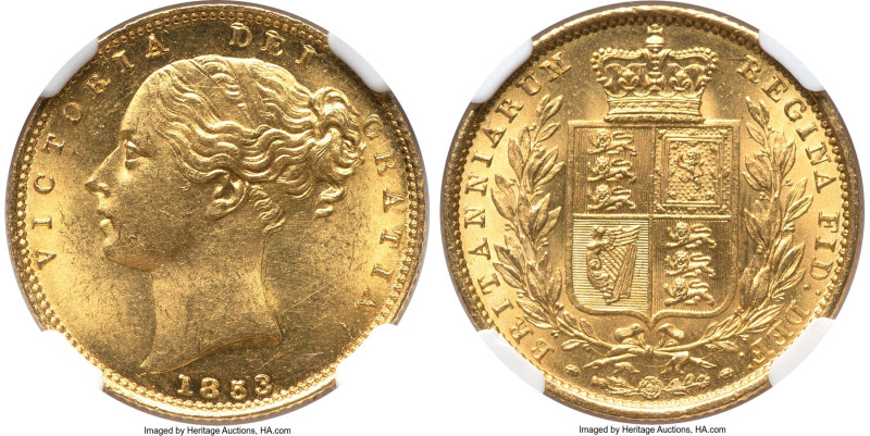 Victoria gold "Shield" Sovereign 1853 MS63+ NGC, KM736.1, S-3852C. W.W. raised o...