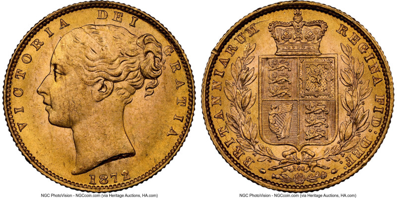 Victoria gold "Shield" Sovereign 1872 MS63 NGC, KM736.2 (with die number variety...