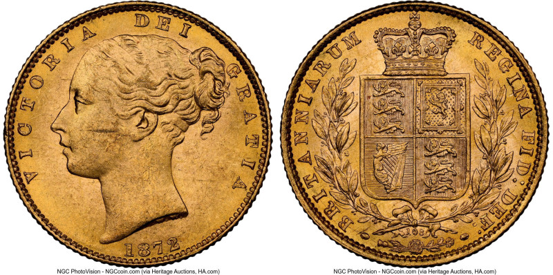 Victoria gold "Shield" Sovereign 1872 MS63 NGC, KM736.2 (with die number variety...